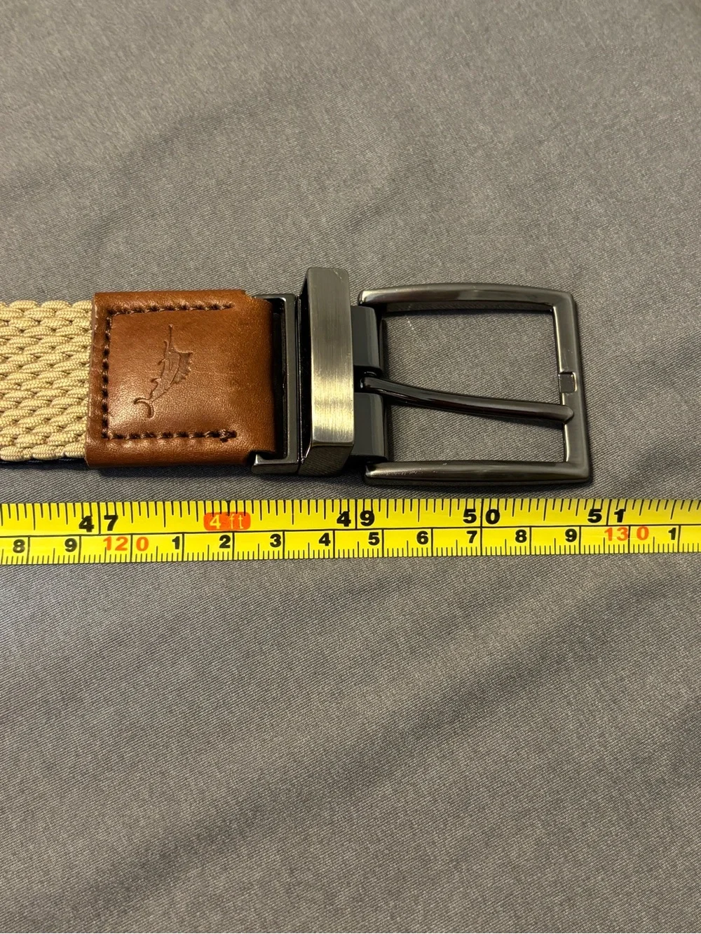Tommy Bahama Men’s Reversible Woven Belt L/XL 38-42 Khaki Navy Leather Trim